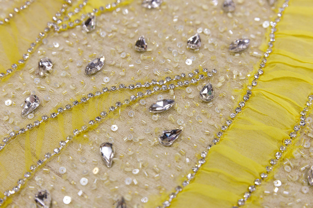 Broderie de lux tip dantela lucrata manual cu crystale C19 - Galben