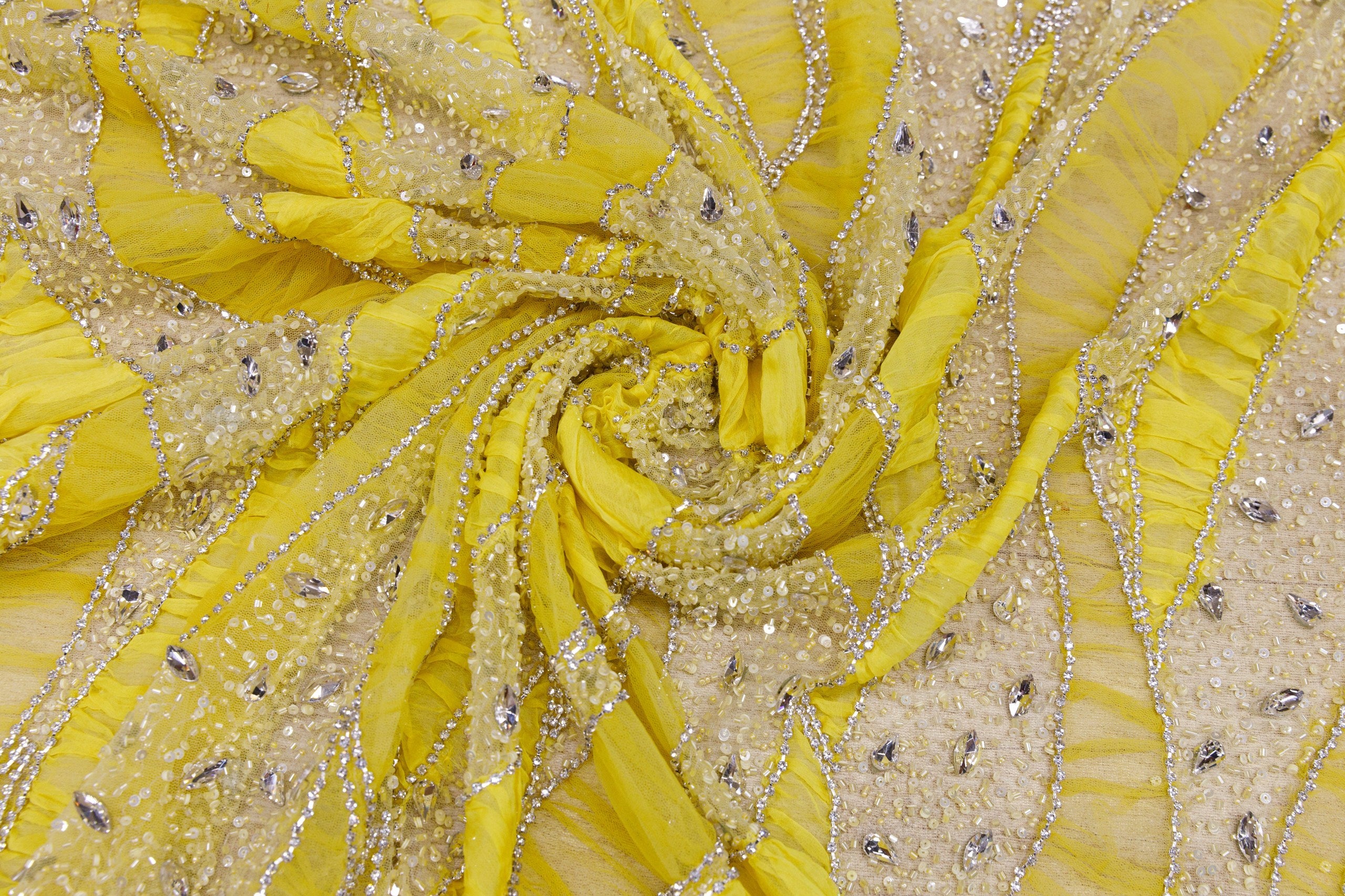 Broderie de lux tip dantela lucrata manual cu crystale C19 - Galben