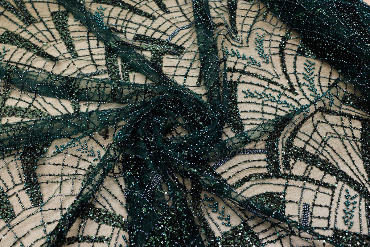 Broderie tip dantela cu perle/margele si paiete A17 - Verde