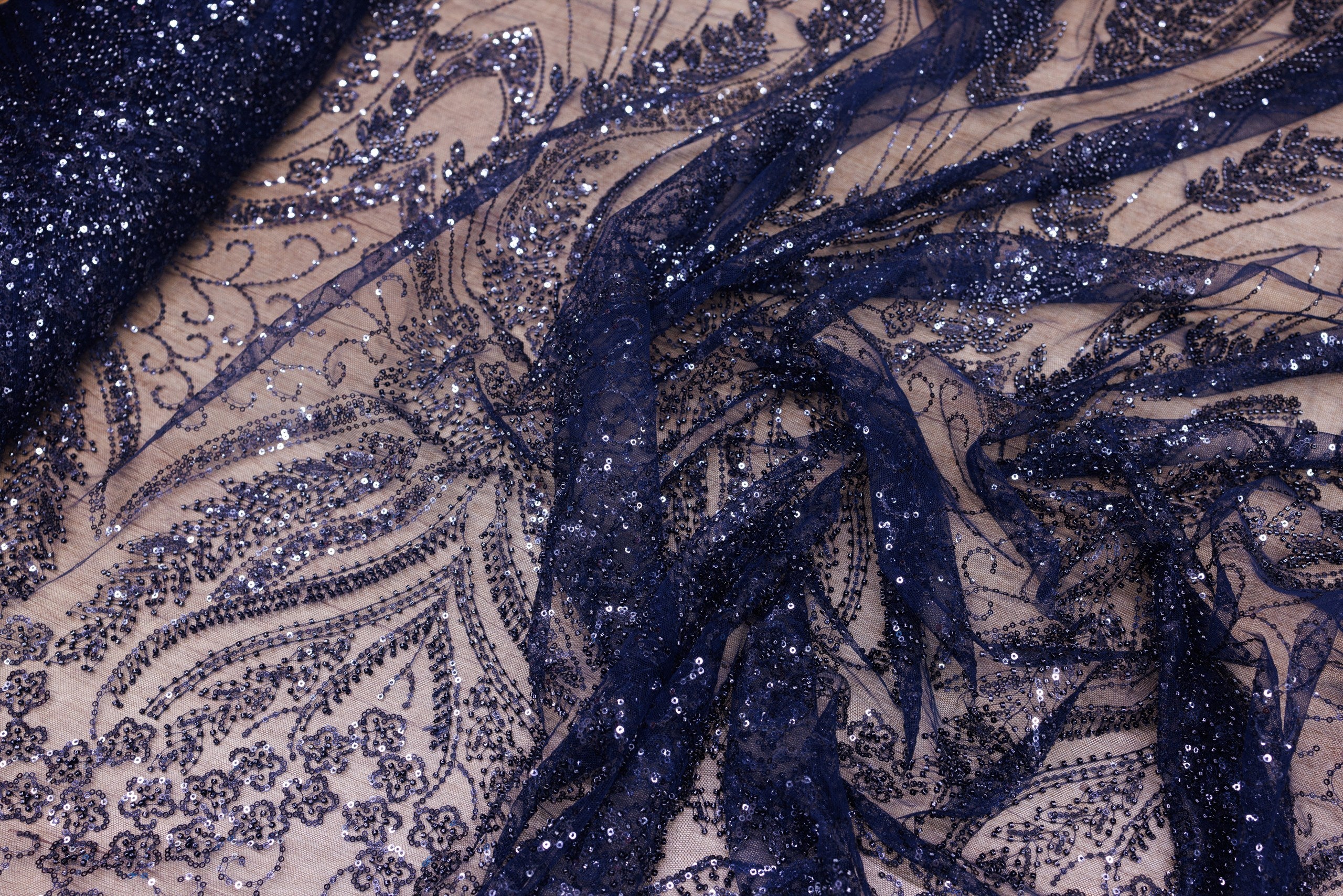 Broderie tip dantela cu perle/margele si paiete A45 - Bleumarin