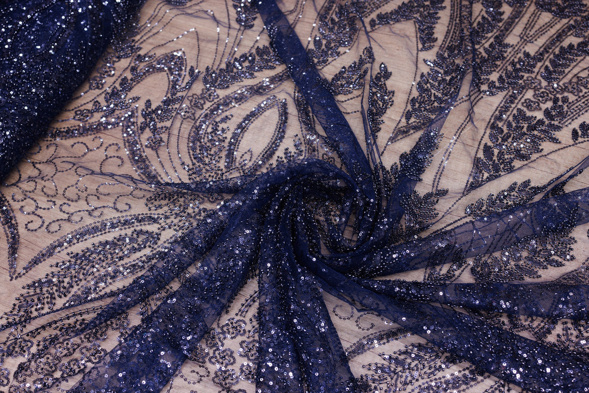 Broderie tip dantela cu perle/margele si paiete A45 - Bleumarin