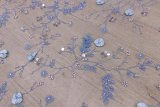 Broderie de lux tip dantela lucrata manual cu flori 3D D53 - Bleu