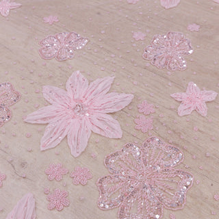 Broderie de lux tip dantela lucrata manual cu flori 3D D54 - Roz