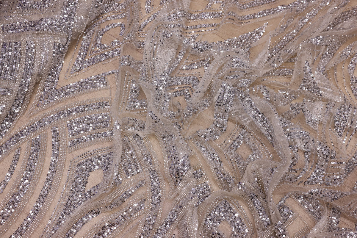 Broderie de lux tip dantela cu strasuri/pietre pretioase B33 - Argintiu