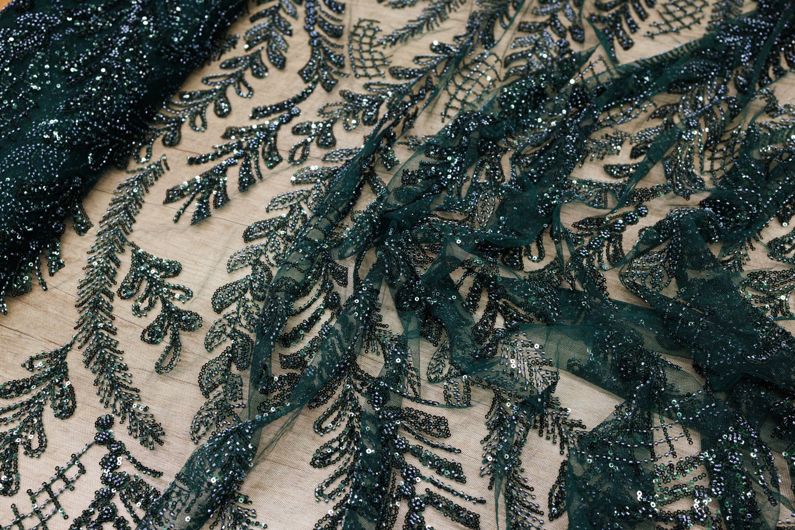 Broderie tip dantela cu perle/margele si paiete A53 - Verde