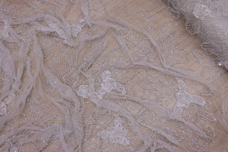 Broderie de lux tip dantela cu flori 3D si cristale cusute manual   C16 - Argintiu