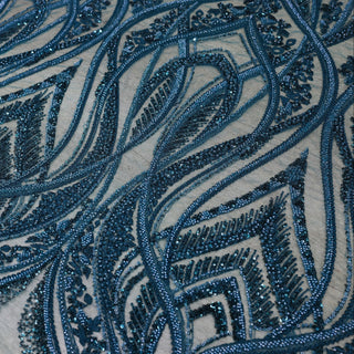 Broderie de lux tip dantela cu margele si paiete cusute manual B28 - Albastru Turcoaz
