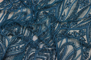 Broderie de lux tip dantela cu margele si paiete cusute manual B28 - Albastru Turcoaz