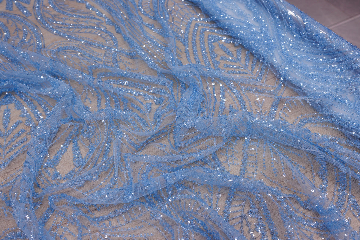 Broderie tip dantela cu perle/margele si paiete A22 - Bleu.