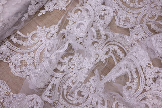 Broderie de lux tip dantela cu perle si paiete   C69 - Alb