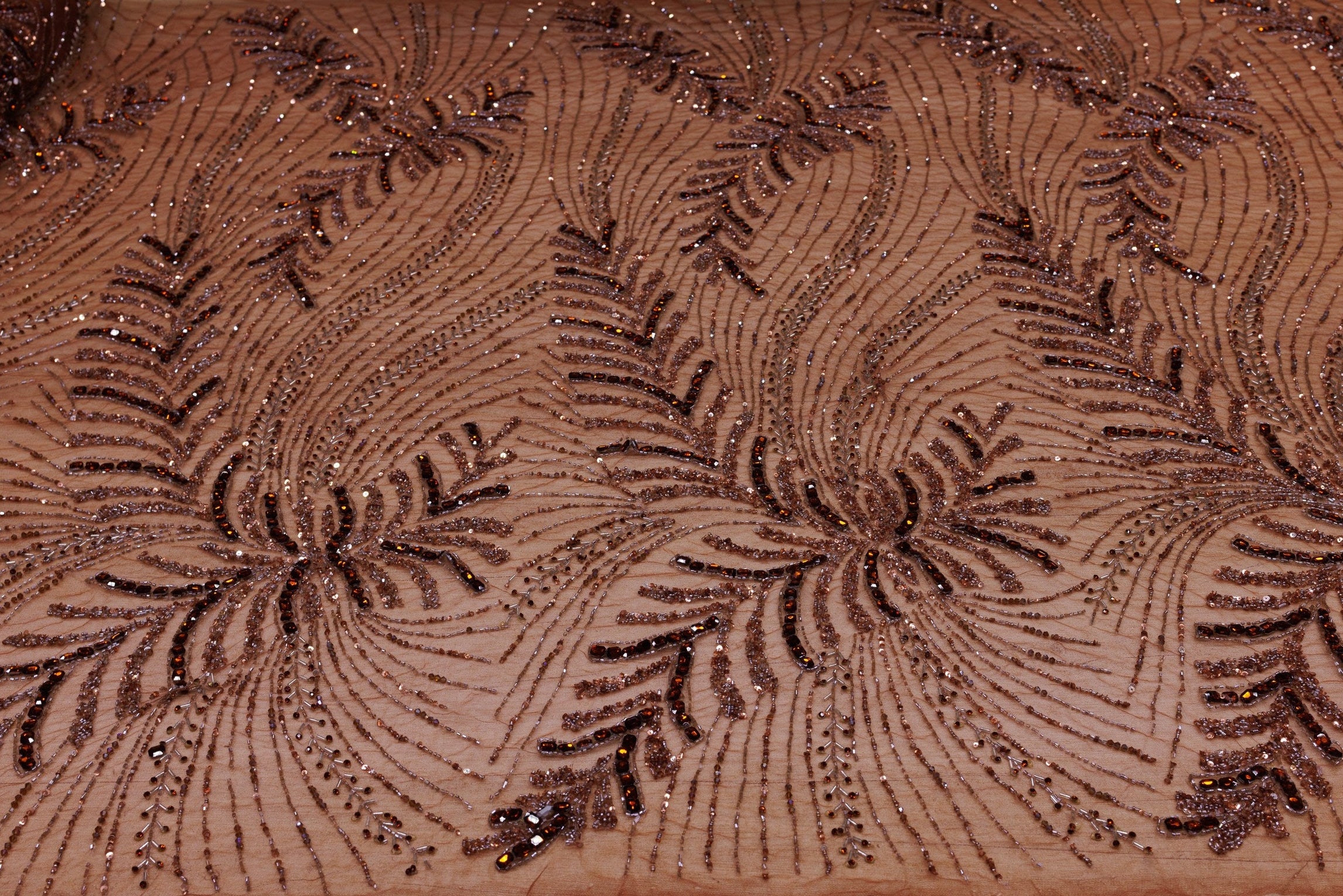 Broderie de lux tip dantela cu paiete si margele cusute manual D79 - Maro
