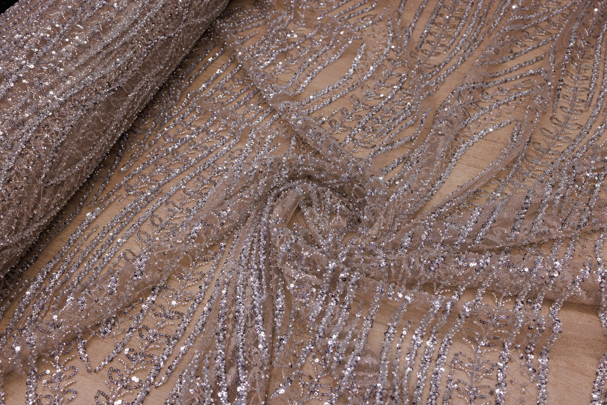 Broderie tip dantela cu perle/margele si paiete A36 - Argintiu
