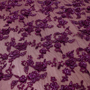 Broderie de lux  tip dantela cu flori 3D si margele cusute manual A95 - Mov