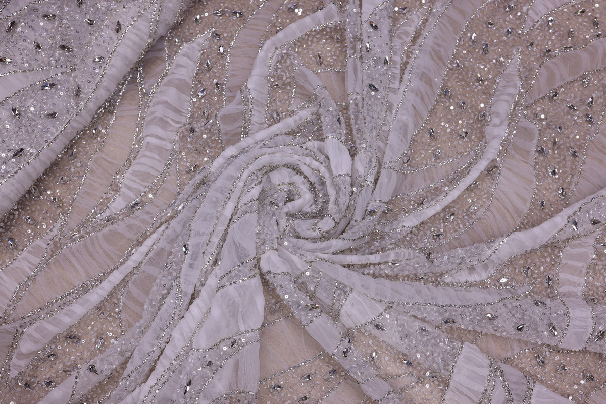 Broderie de lux tip dantela lucrata manual cu crystale C19 - Argintiu