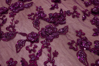 Broderie de lux  tip dantela cu flori 3D si margele cusute manual A95 - Mov