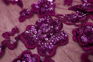 Broderie de lux  tip dantela cu flori 3D si margele cusute manual A95 - Mov