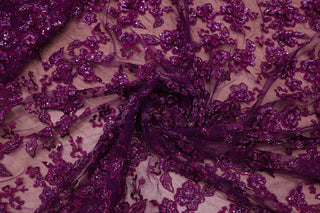 Broderie de lux  tip dantela cu flori 3D si margele cusute manual A95 - Mov
