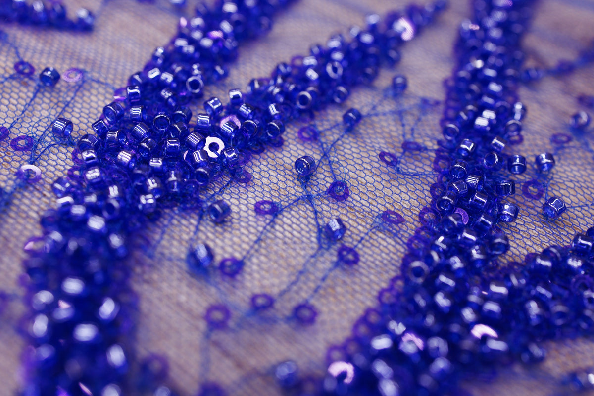 Broderie tip dantela cu perle/margele si paiete A69 - Albastru