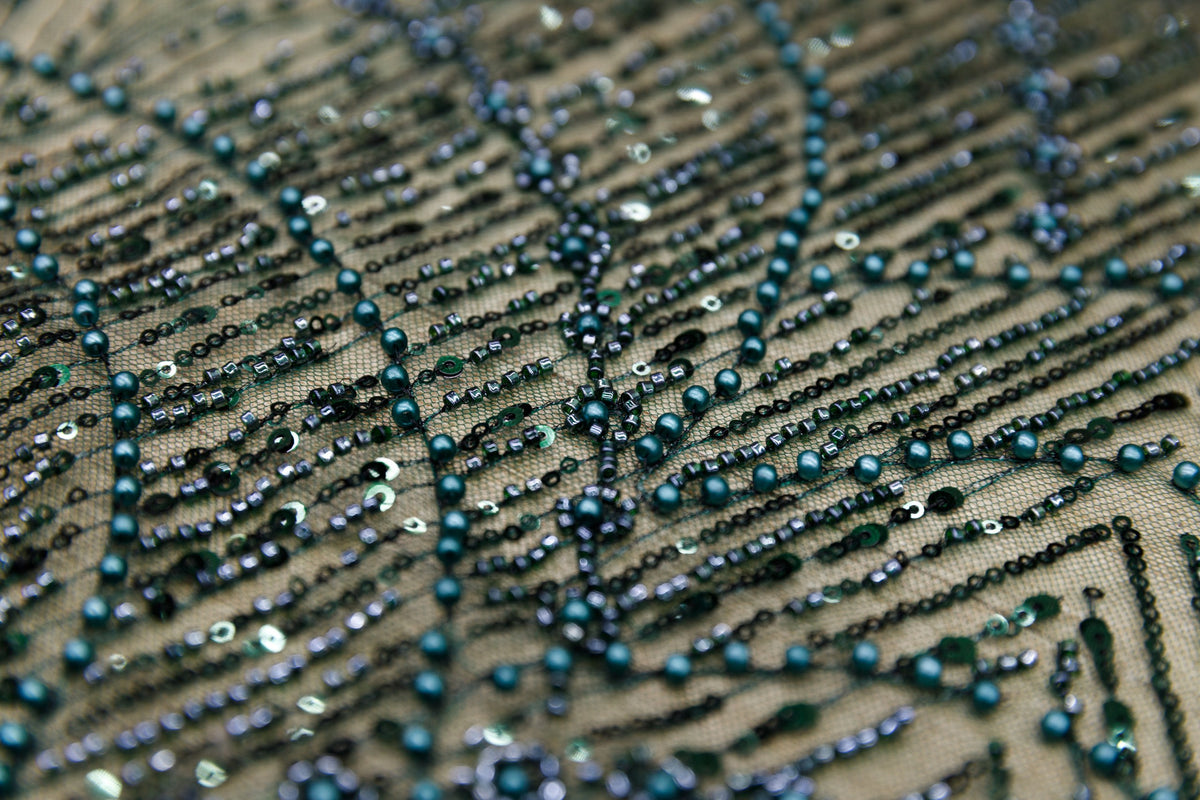 Broderie tip dantela cu perle/margele si paiete M12 - Verde Smarald