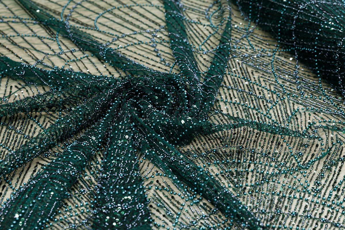 Broderie tip dantela cu perle/margele si paiete M12 - Verde Smarald
