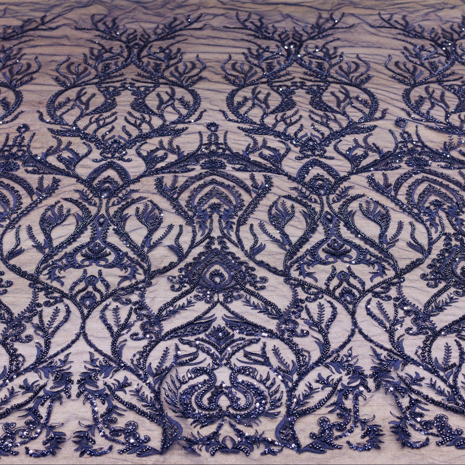 Broderie tip dantela cu perle/margele si paiete A64 - Bleumarin