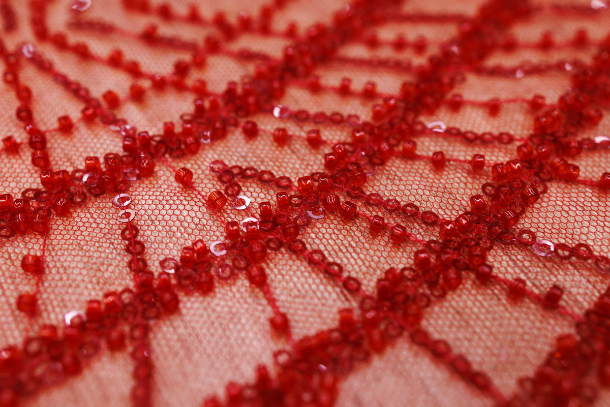 Broderie tip dantela cu perle/margele si paiete A28 - Rosu