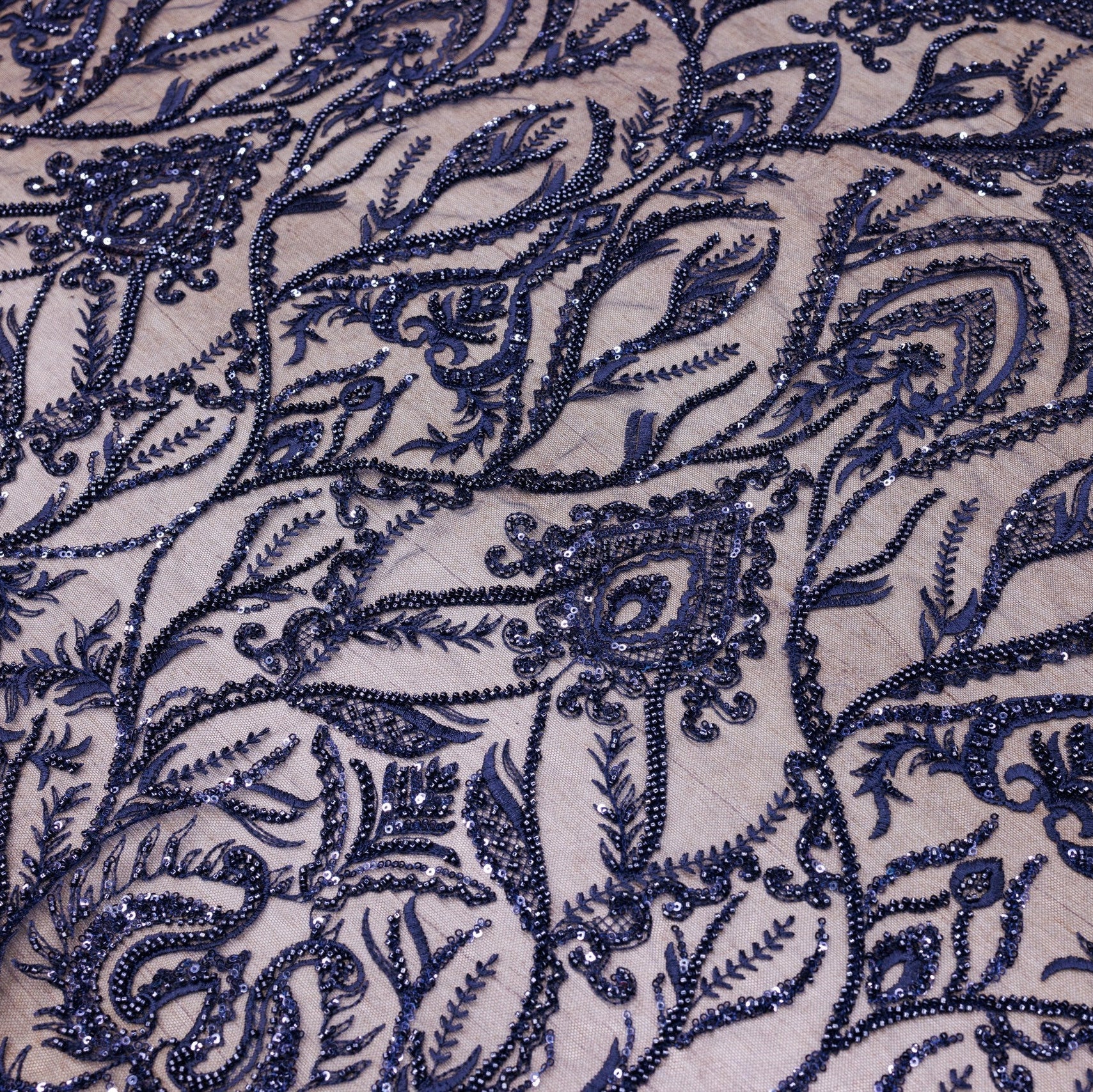 Broderie tip dantela cu perle/margele si paiete A64 - Bleumarin