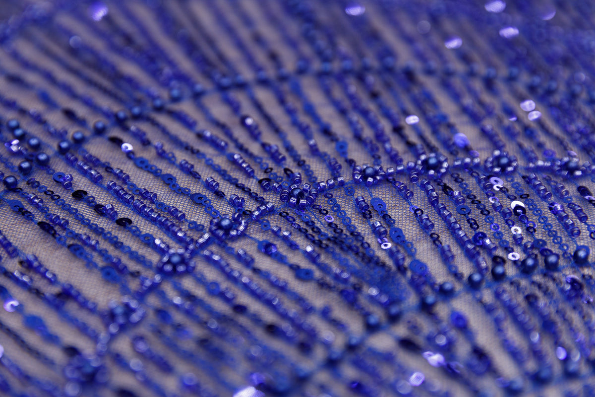 Broderie tip dantela cu perle/margele si paiete M12 - Albastru