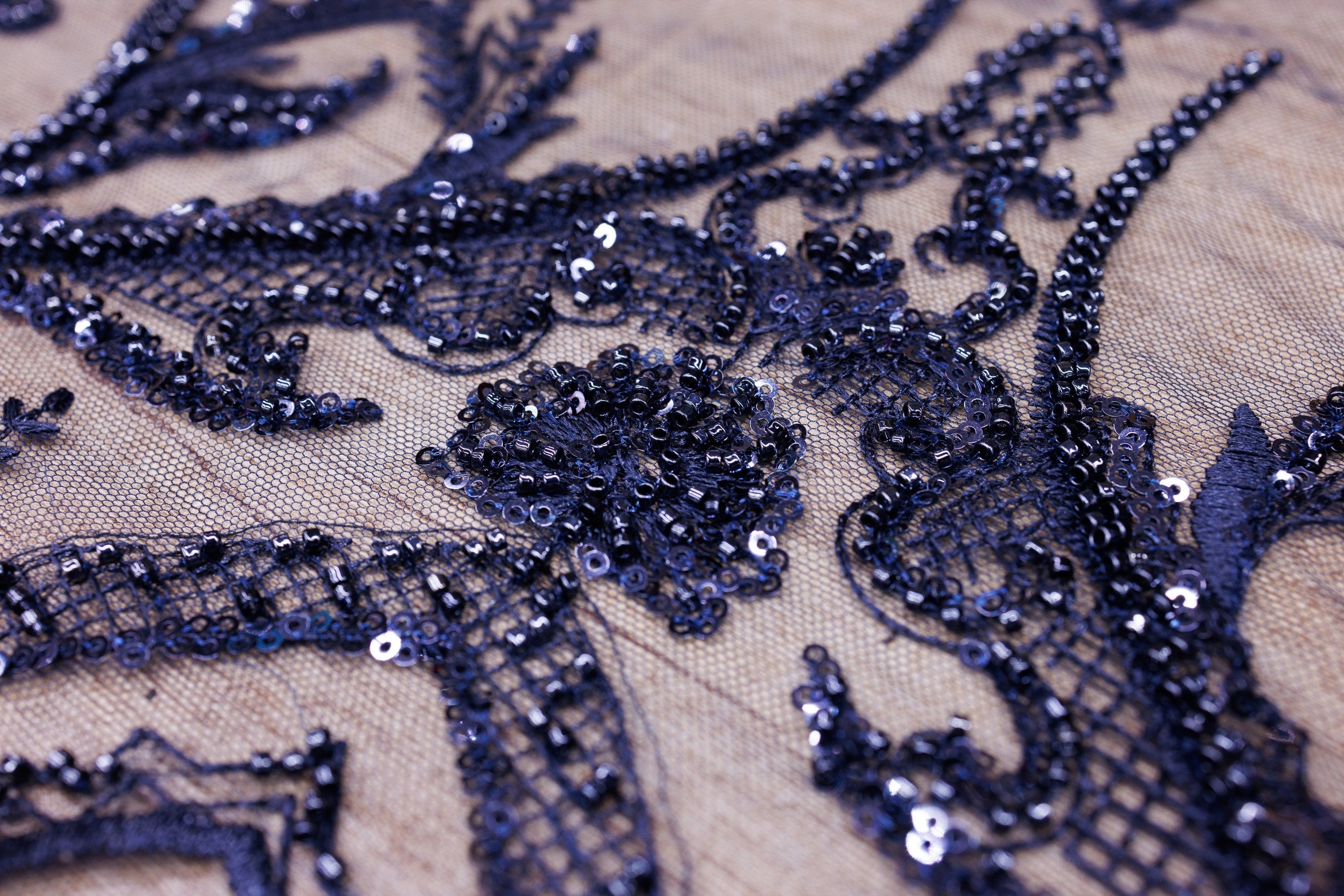 Broderie tip dantela cu perle/margele si paiete A64 - Bleumarin