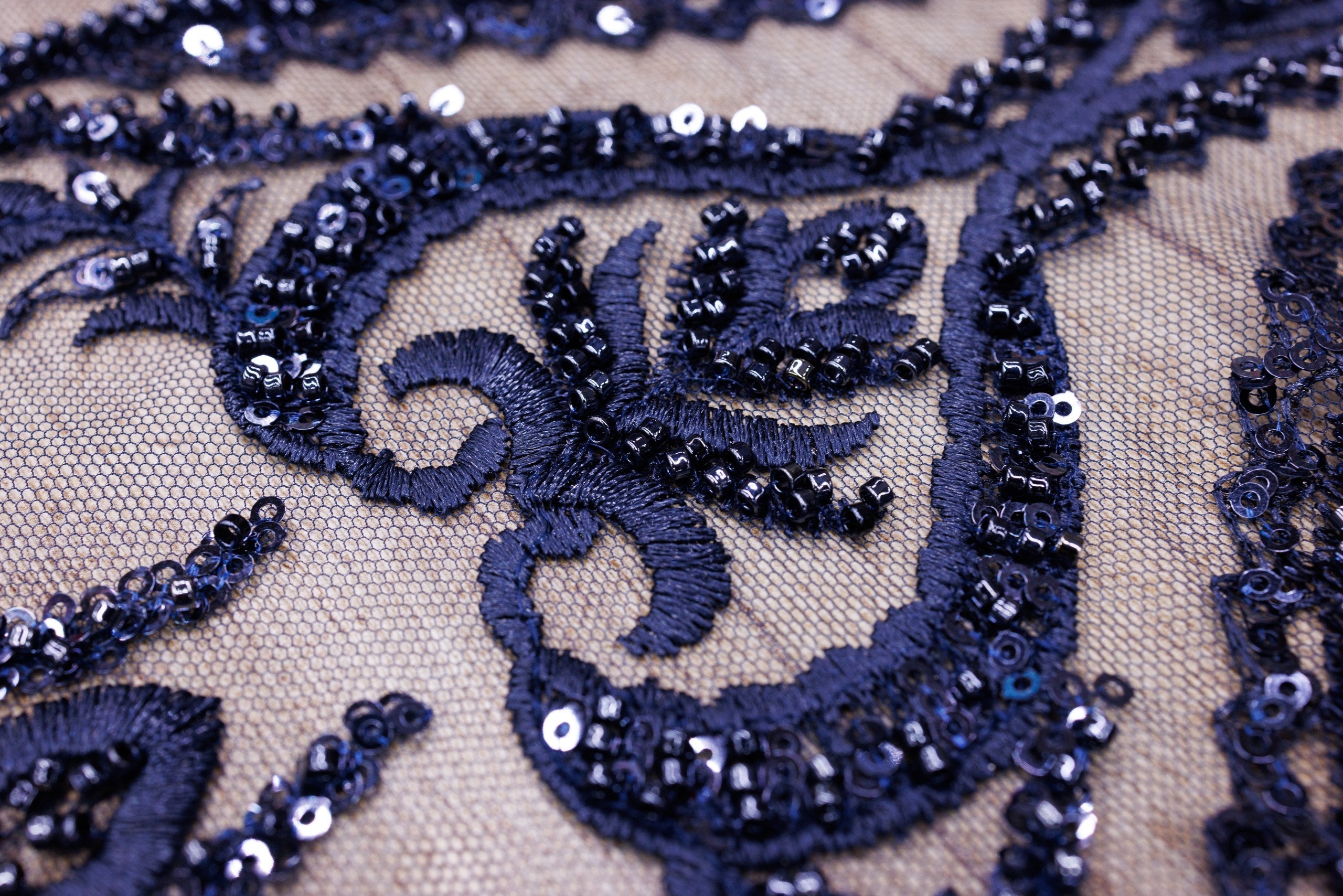 Broderie tip dantela cu perle/margele si paiete A64 - Bleumarin