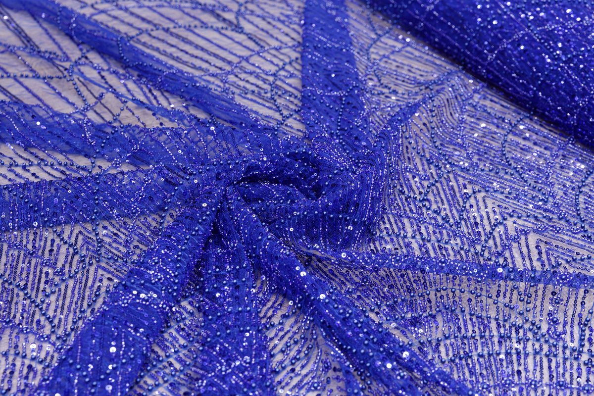 Broderie tip dantela cu perle/margele si paiete M12 - Albastru