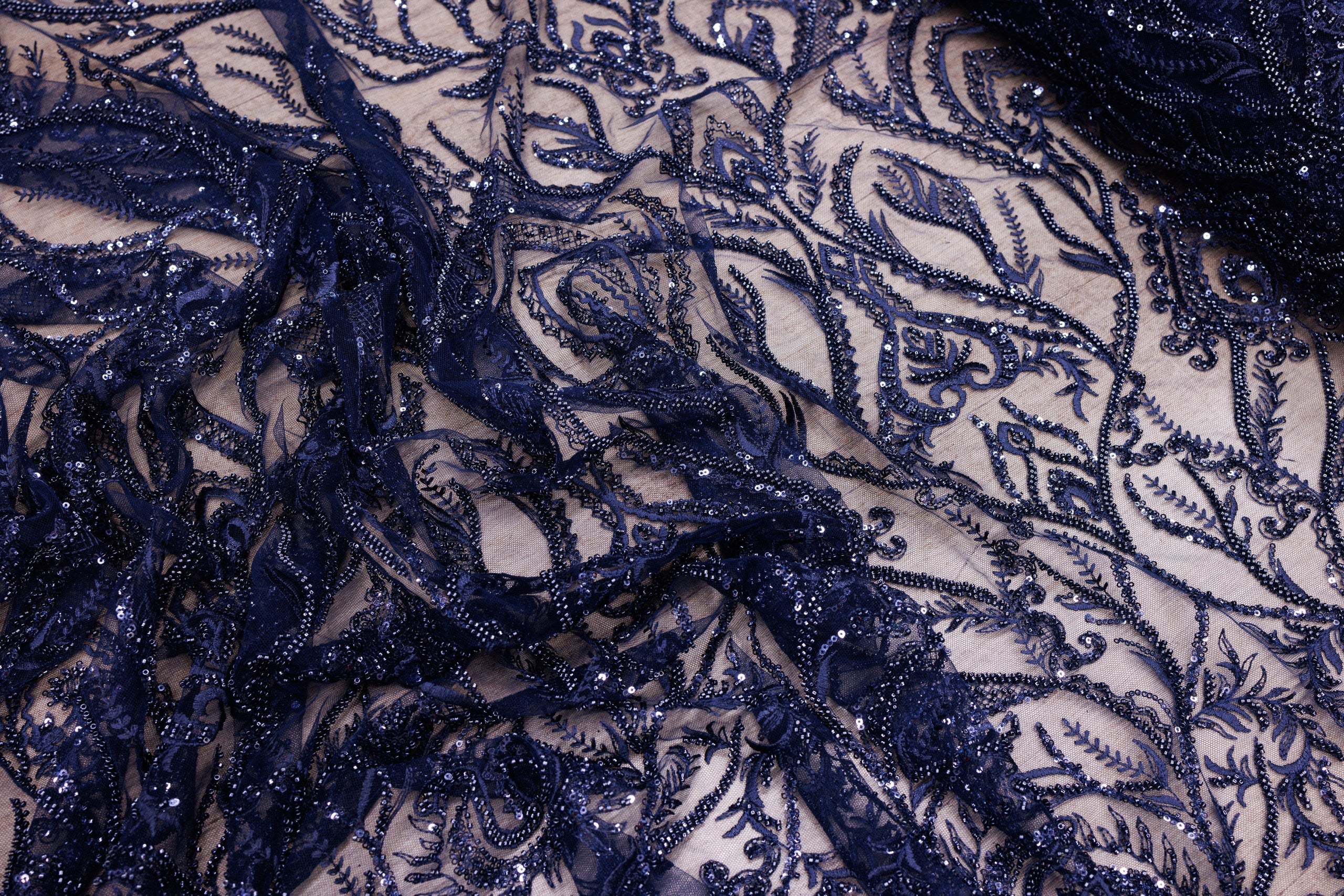 Broderie tip dantela cu perle/margele si paiete A64 - Bleumarin
