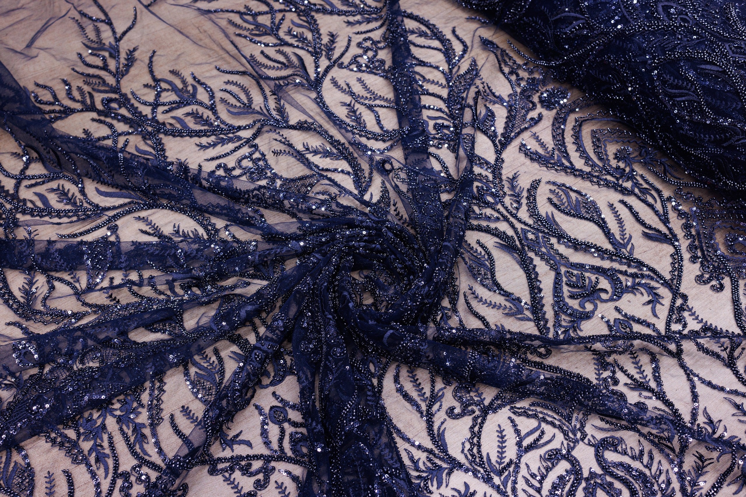 Broderie tip dantela cu perle/margele si paiete A64 - Bleumarin