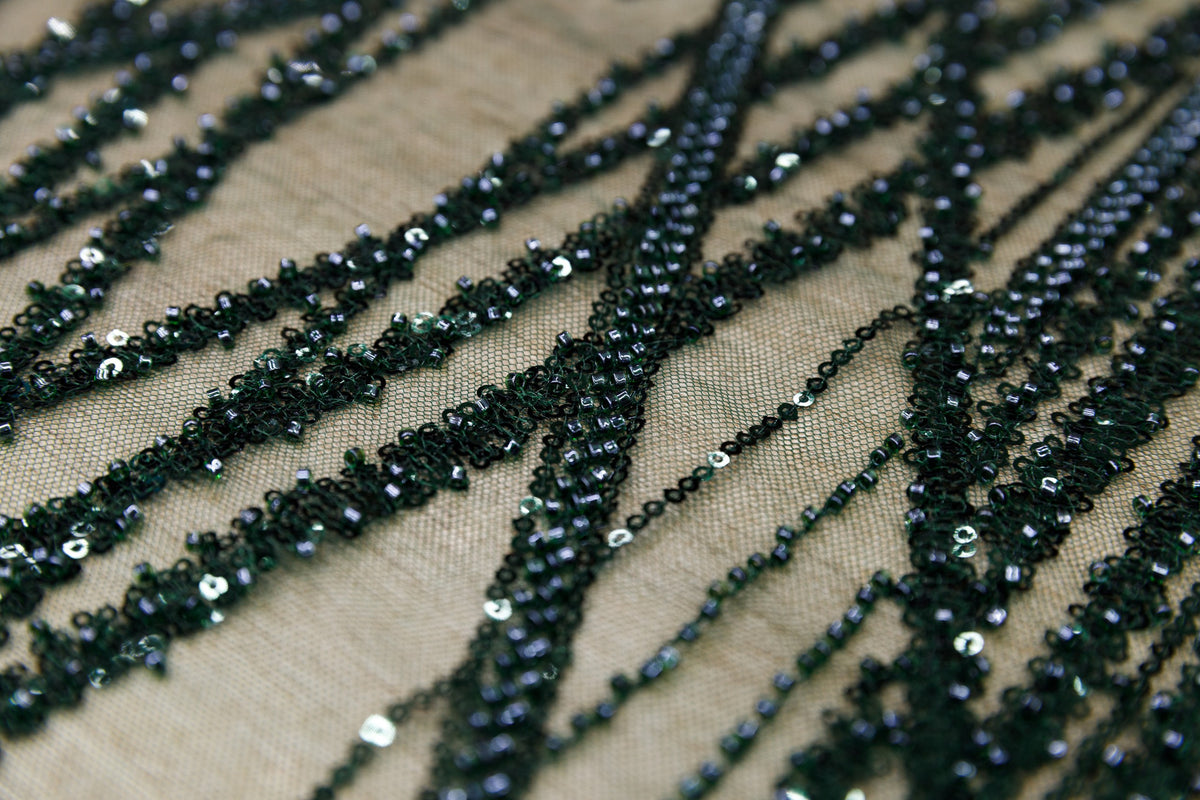 Broderie tip dantela cu perle/margele si paiete M13 - Verde