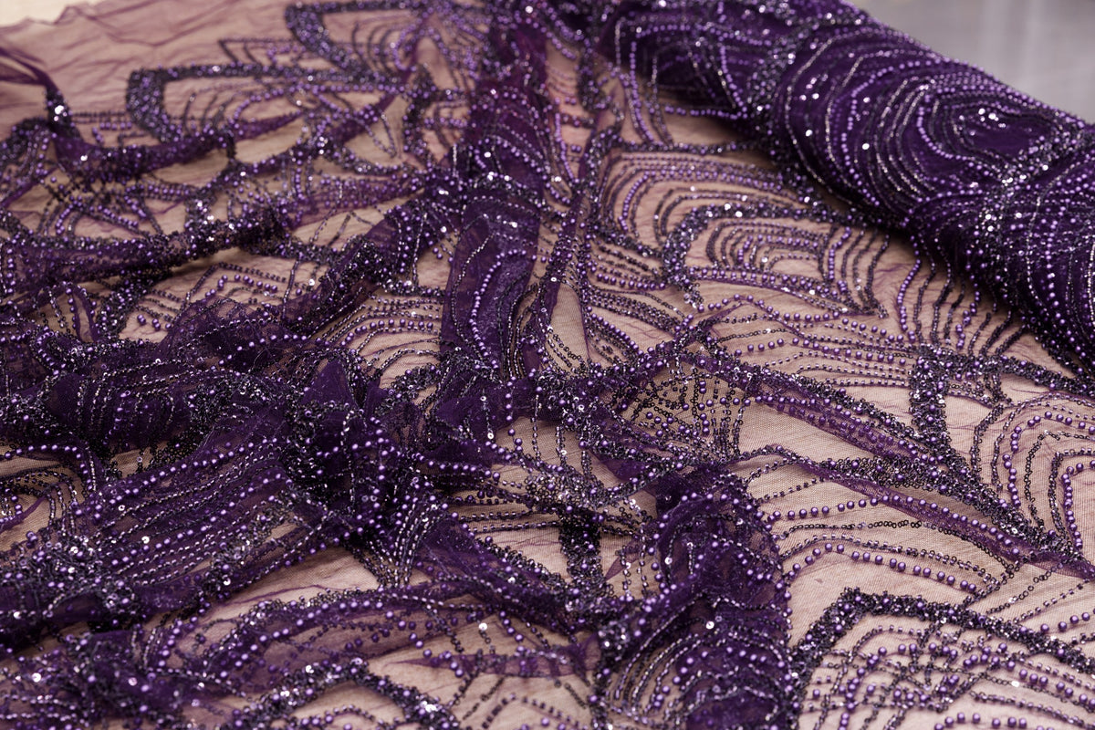 Broderie tip dantela cu perle/margele si paiete M14 - Mov