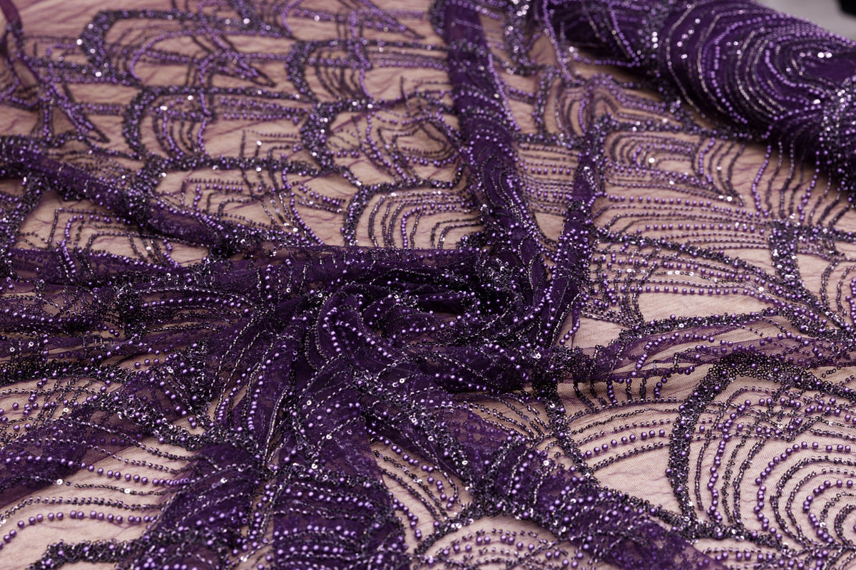 Broderie tip dantela cu perle/margele si paiete M14 - Mov