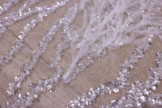 Broderie de lux tip dantela cu pene si margele cusute manual C22 - Alb.