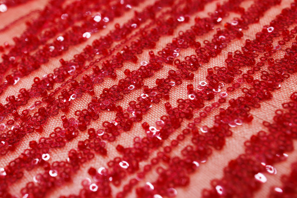 Broderie tip dantela cu perle/margele si paiete M13 - Rosu