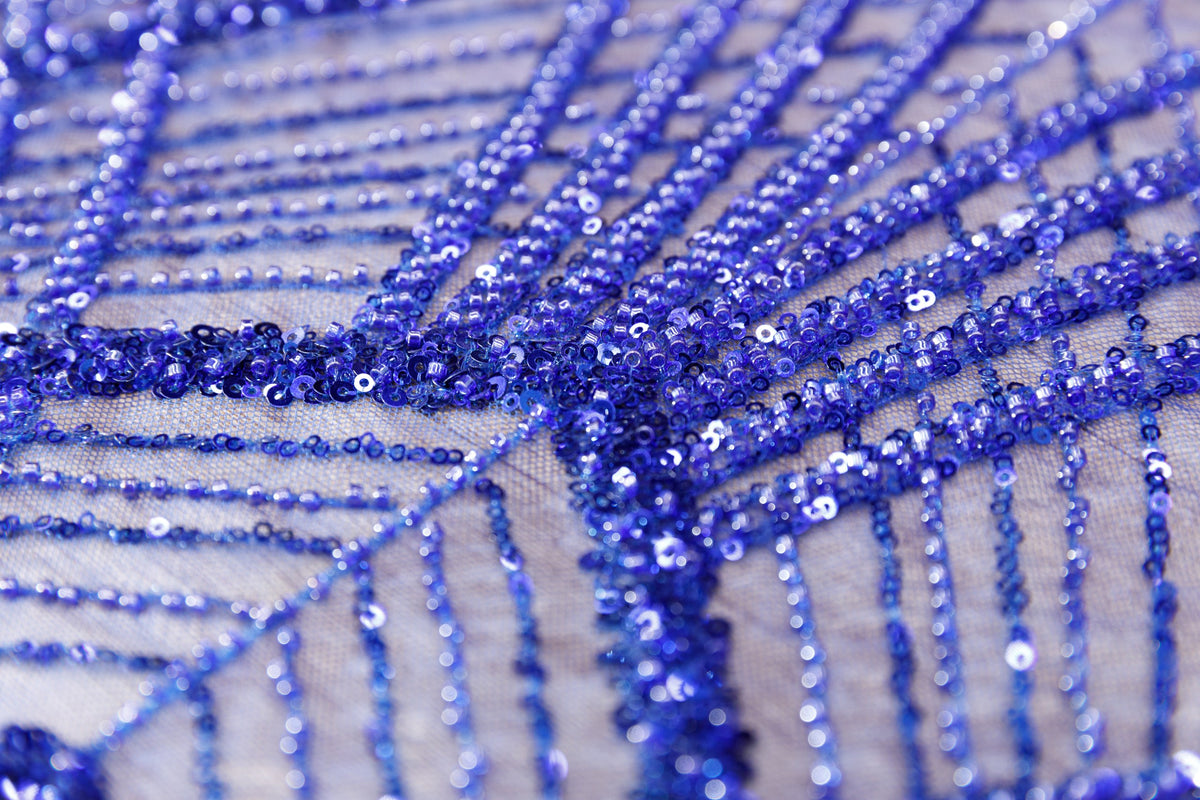 Broderie tip dantela cu perle/margele si paiete M15 - Albastru