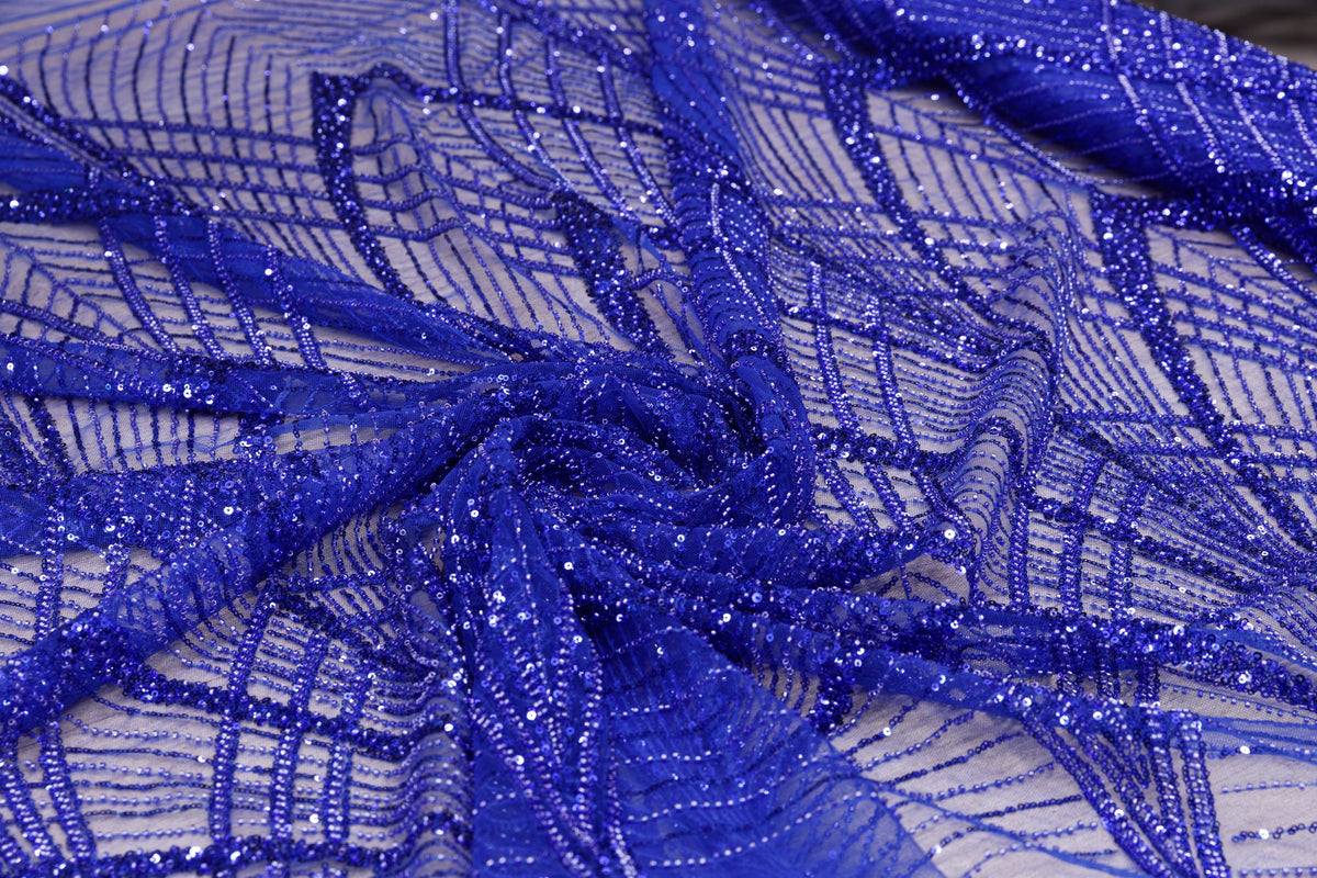 Broderie tip dantela cu perle/margele si paiete M15 - Albastru