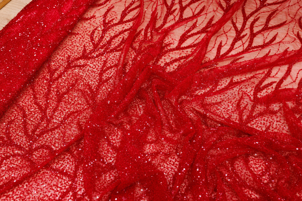 Broderie tip dantela cu perle/margele si paiete A69 - Rosu