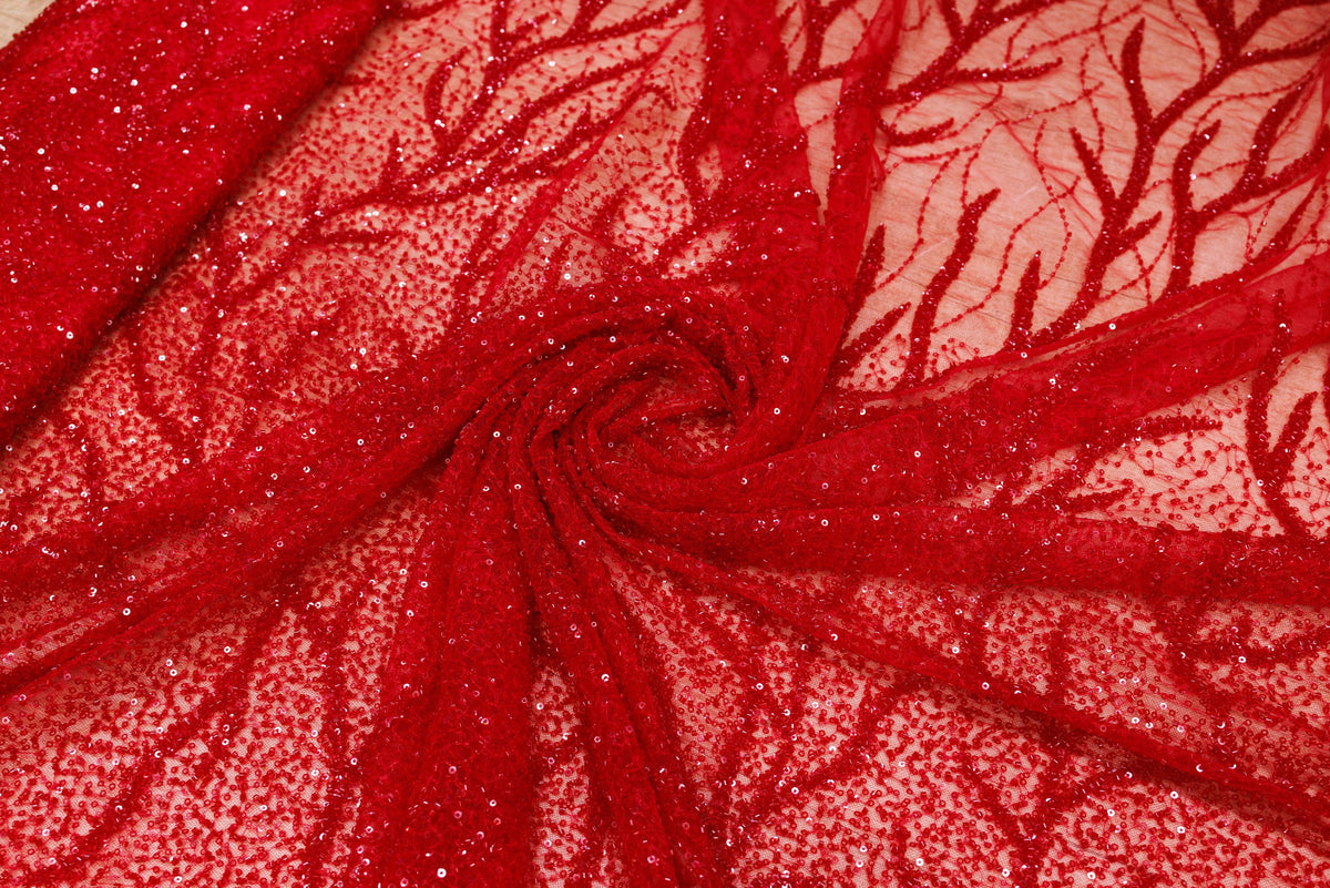 Broderie tip dantela cu perle/margele si paiete A69 - Rosu