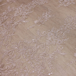 Broderie de lux tip dantela cu flori 3D si perle cusute manual B55 - Bej