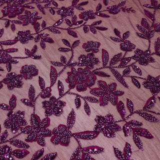 Broderie de lux tip dantela cu flori 3D si margele cusute manual A93 - Mov Pruna