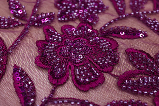 Broderie de lux tip dantela cu flori 3D si margele cusute manual A93 - Mov Pruna
