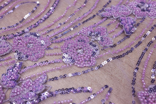 Broderie de lux tip dantela cu flori 3D si margele cusute manual A90 - Mov Lila