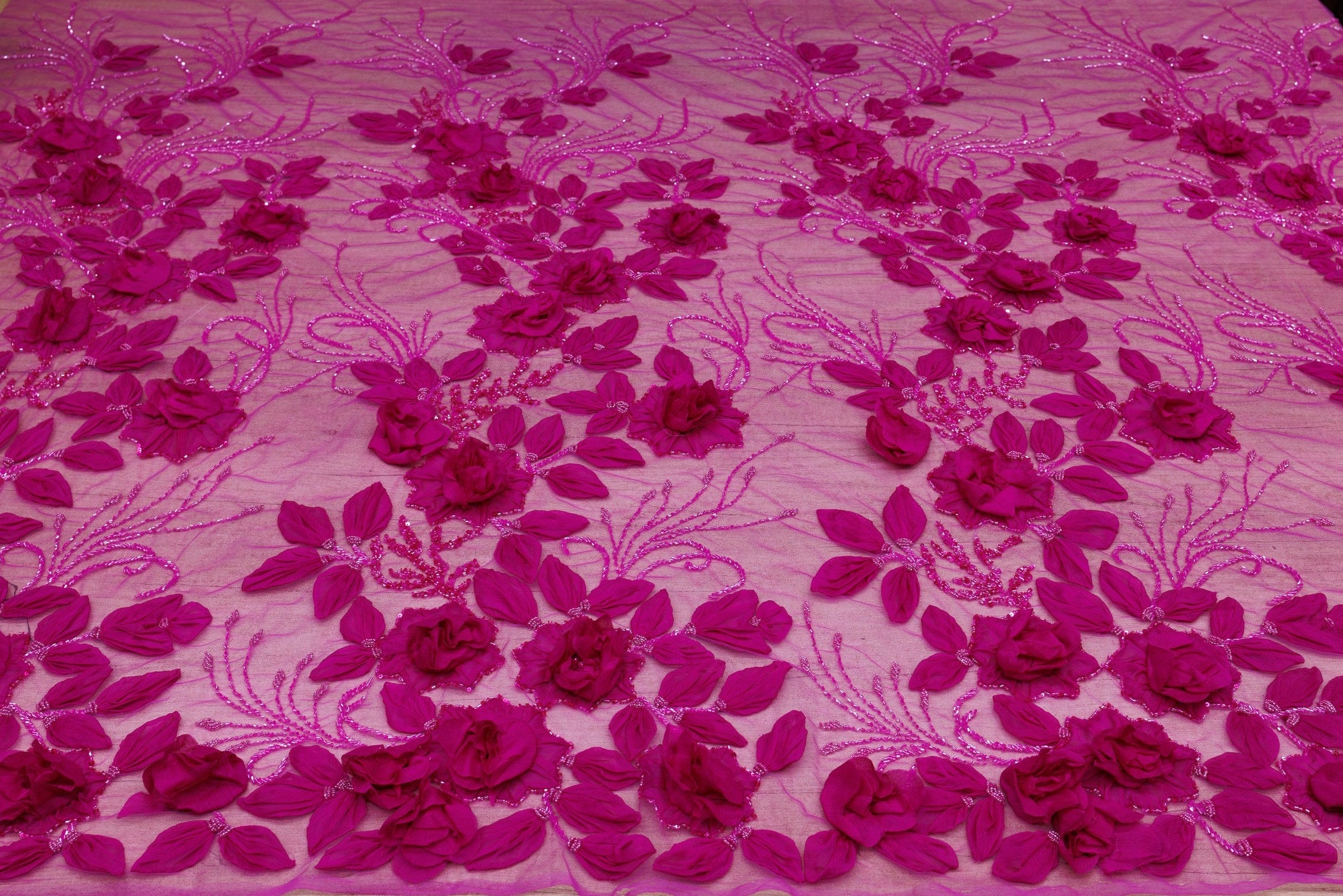 Broderie de lux tip dantela lucrata manual cu flori 3D D44 - Roz Fucsia