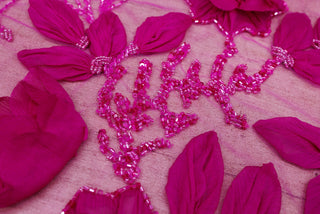 Broderie de lux tip dantela lucrata manual cu flori 3D D44 - Roz Fucsia