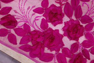 Broderie de lux tip dantela lucrata manual cu flori 3D D44 - Roz Fucsia