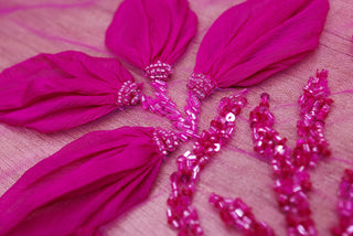 Broderie de lux tip dantela lucrata manual cu flori 3D D44 - Roz Fucsia
